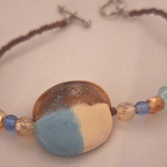 Artisan Beaded Kazuri Ceramic Bead and Blue Brown Glass Crystal Bracelet - Picture 2 of 6